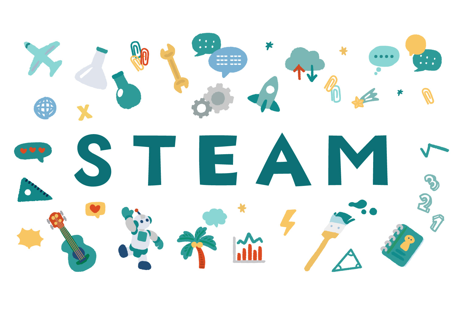 STEAMの文字を中心に科学・技術・工学・アート・数学のアイコンが散りばめられたイラスト